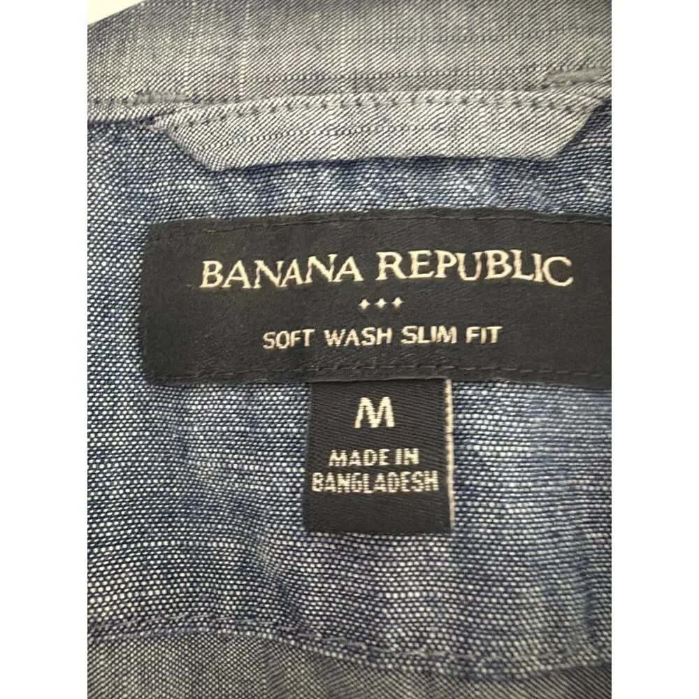 Banana Republic Shirt Men Medium Blue Soft Wash Slim Fit Short Sleeve Button Dow